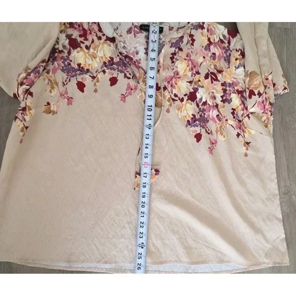 Como Black Woman 2X Floral Tie Neck Blouse Long Sleeve Rayon Beige - Picture 10 of 12